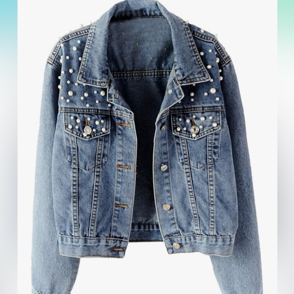 Denim Jacket w/ Pearl-like Detail